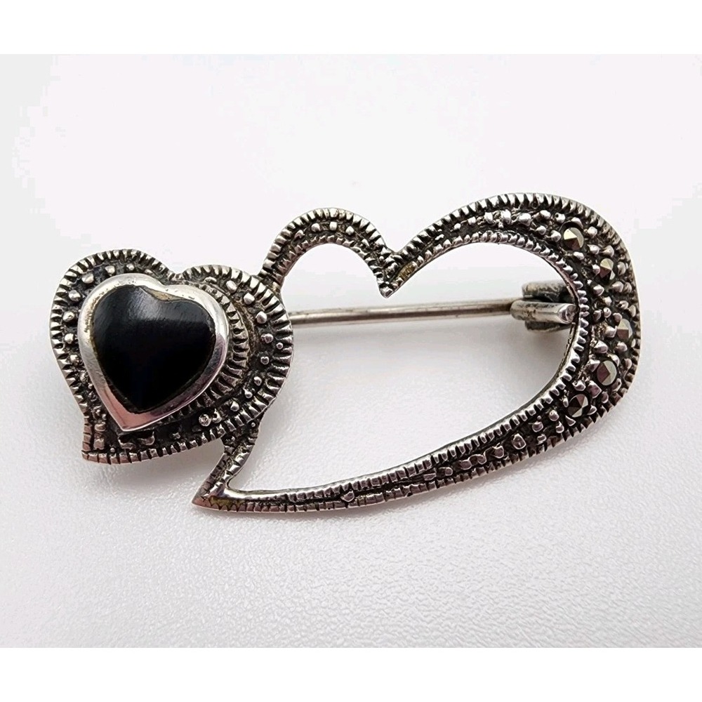 Vintage Double Heart Onyx Marcasite Sterling Silver Brooch Pin 925 Black Goth